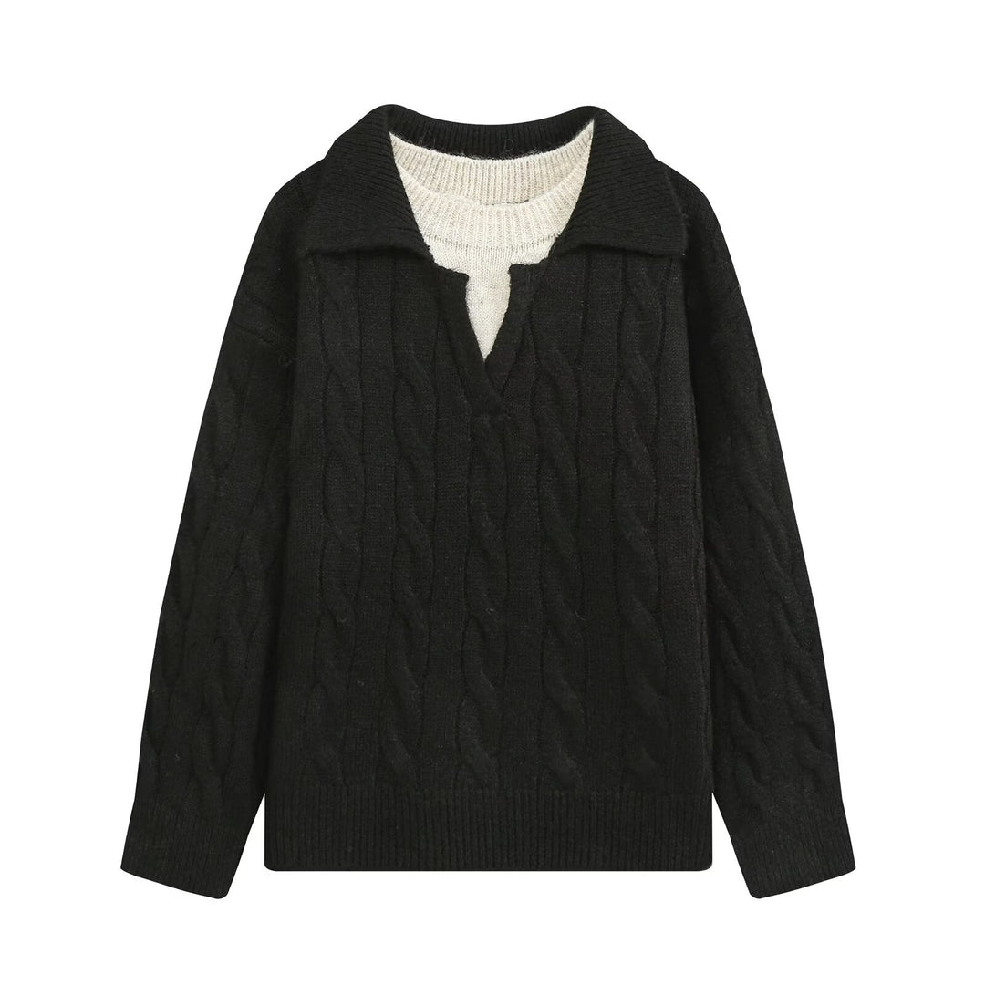 Damen Grobgestrickter Oversize-Pullover mit Polokragen und Zopfmuster Drune