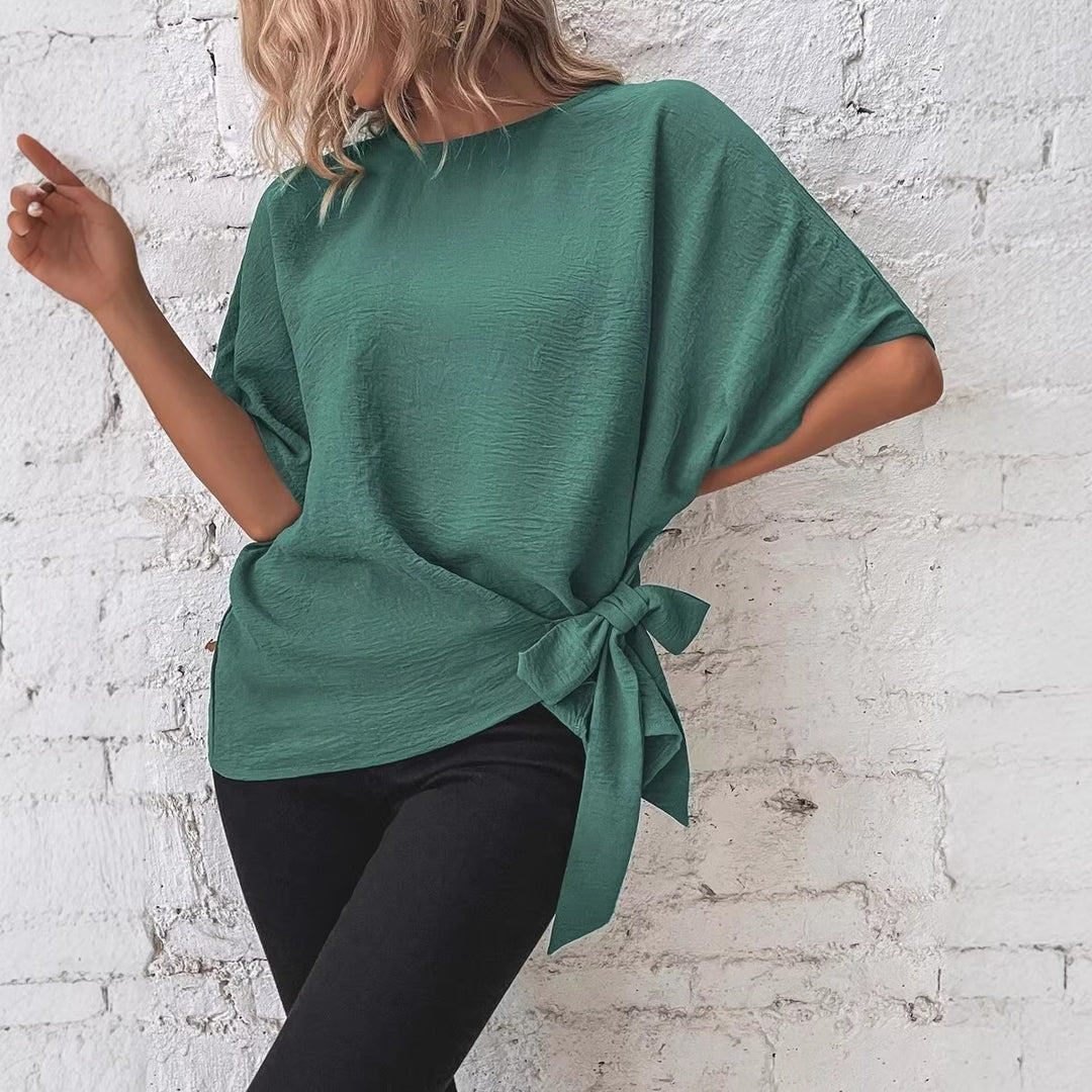Damen Oversize Kurzarm-Top mit seitlicher Schleife und Crinkle-Struktur Drune