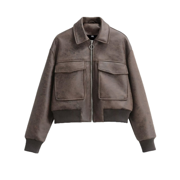 Damen Cropped Bomberjacke im Vintage-Lederlook mit großen Pattentaschen Drune