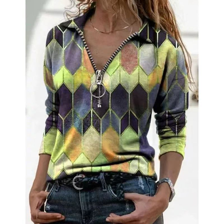 Damen Zip-Pullover mit Polokragen, grafischem Rautenprint und schmaler Passform Drune
