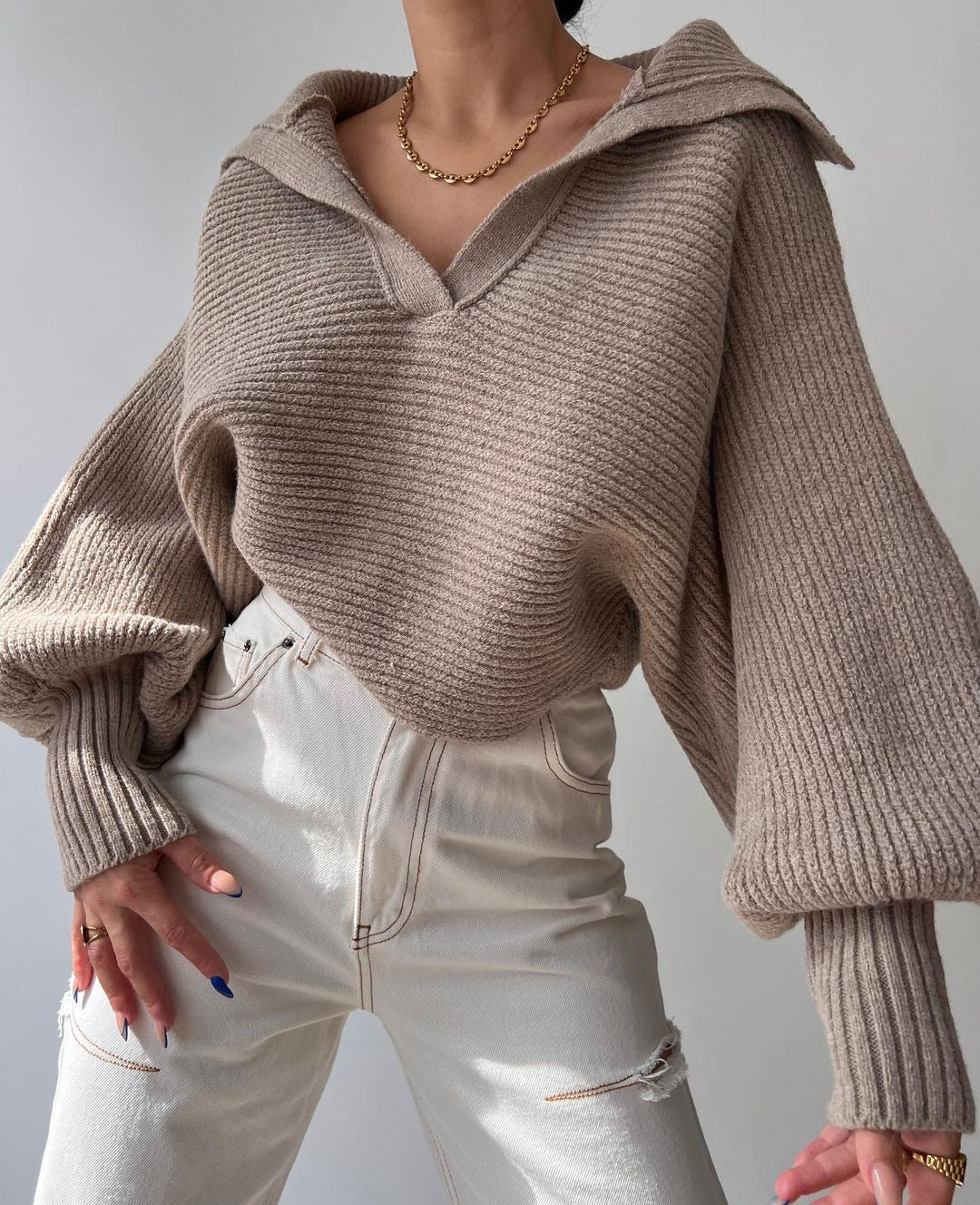 Damen Oversize Rippsweater mit Reverskragen und tiefem V‑Ausschnitt Drune