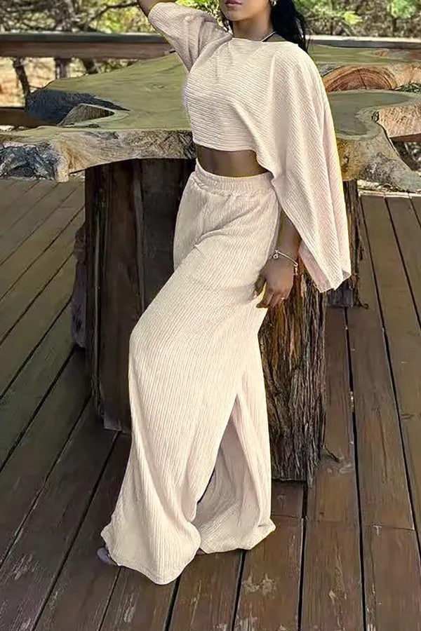 Damen Zweiteiliges Strukturiertes Loungewear‑Set mit Cropped‑Capeoberteil und Maxirock mit Seitenschlitz Drune