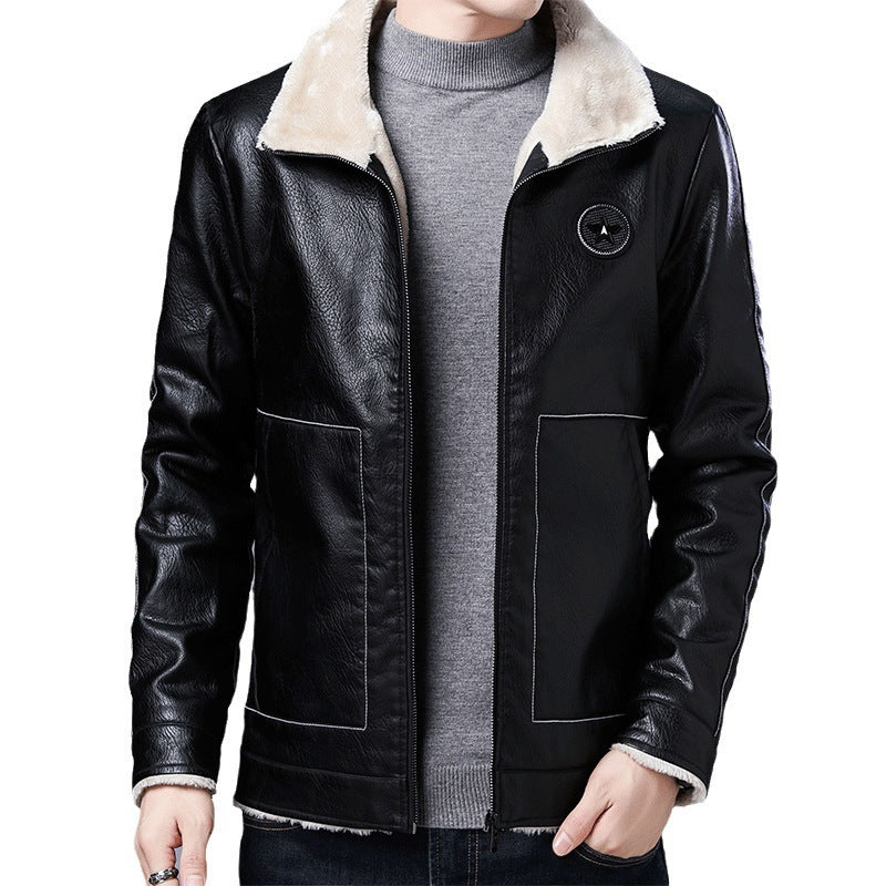 Herren Kunstleder‑Fliegerjacke mit durchgehendem Teddyfutter und Stehkragen Drune