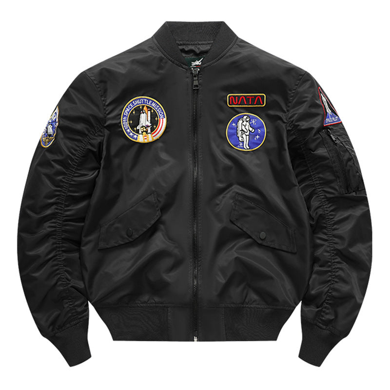 Men's  retro space-mission nylon flight jacket with insulated lining and sleeve zipper pocket Drune