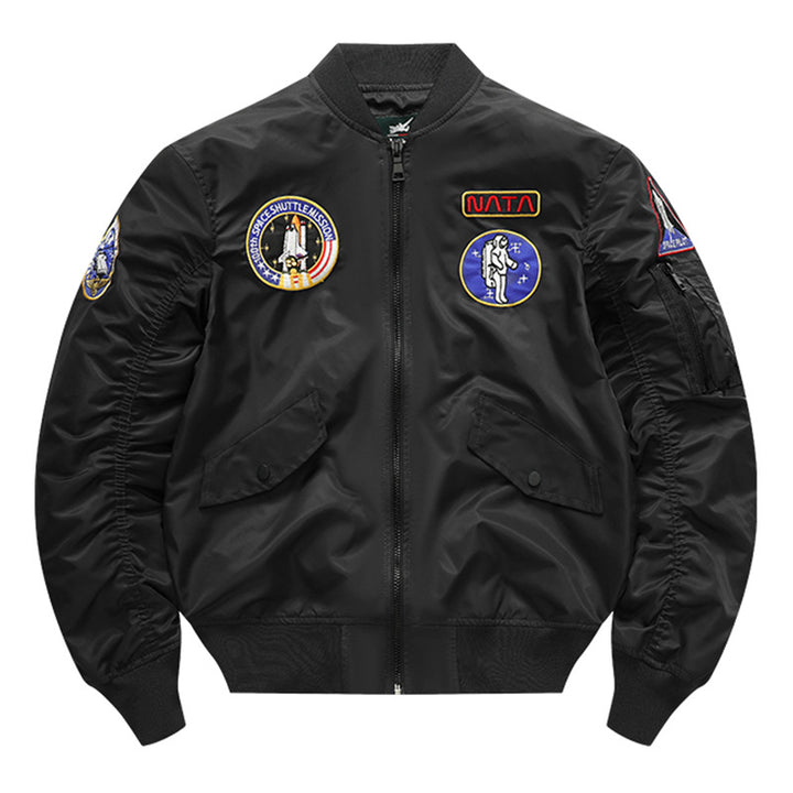 Men's  retro space-mission nylon flight jacket with insulated lining and sleeve zipper pocket Drune