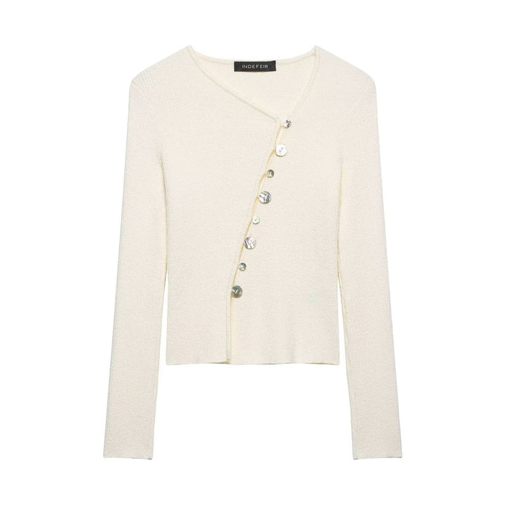 Damen Asymmetrische Bouclé-Strickjacke mit V-Ausschnitt und dekorativer Knopfleiste Drune