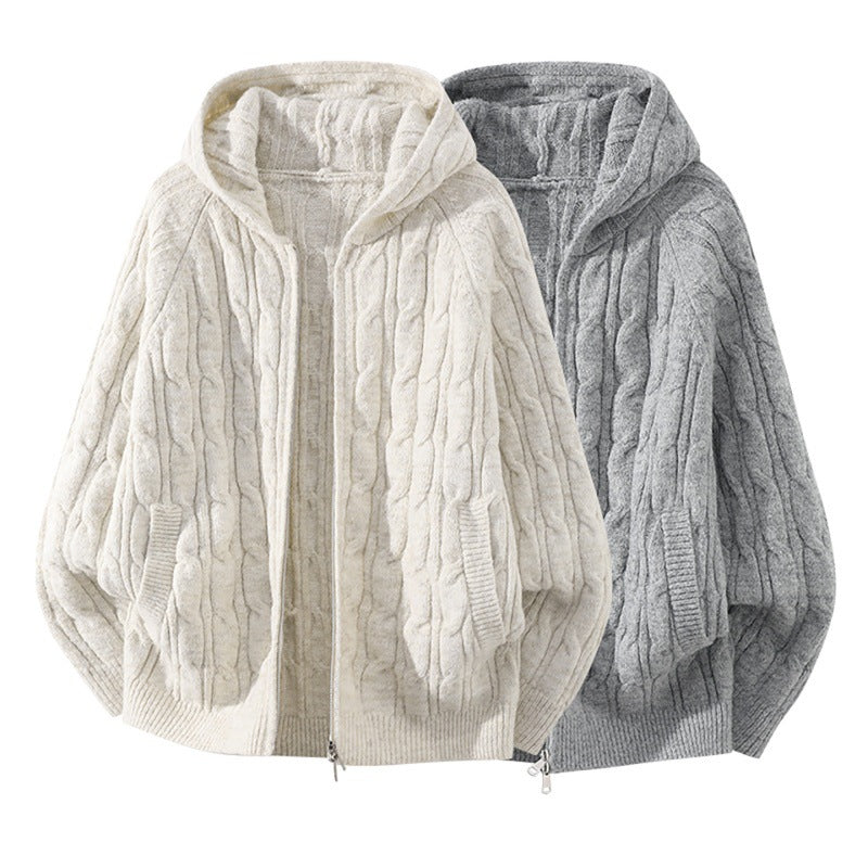 Damen Oversize Zopfstrick-Kapuzencardigan mit durchgehendem Reißverschluss und Ballonärmeln Drune