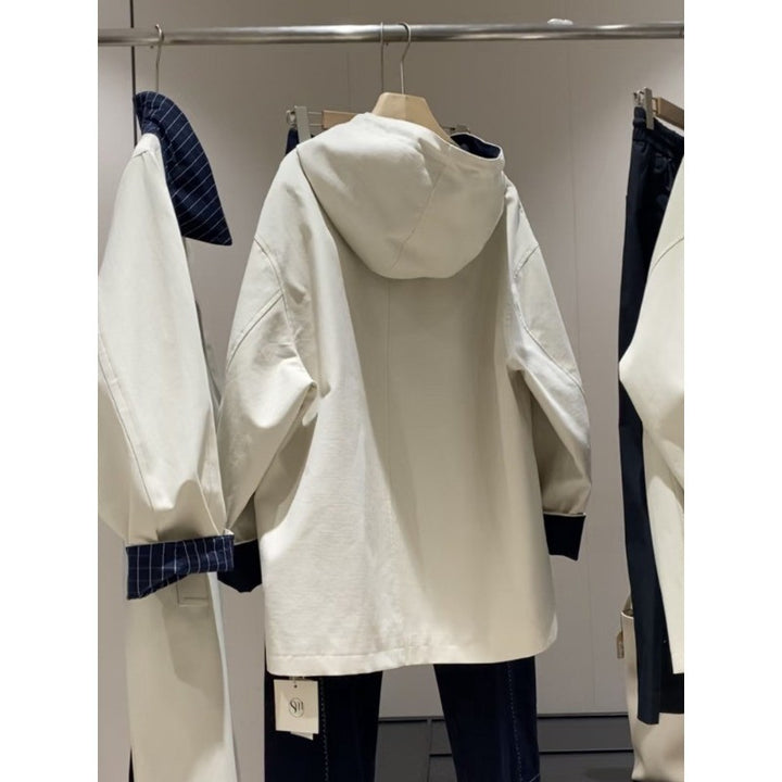 Unisex Oversized utilitarischer Trenchcoat mit kontrastiertem Innenfutter und Kapuze Drune