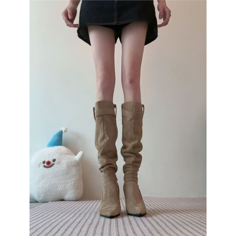 Damen kniehohe Slouch-Stiefel mit spitz zulaufender Kappe und schlankem Stiletto Drune