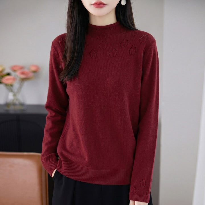 Damen Leichter Stehkragenpullover mit floralem Ajour‑Yoke und feiner Rippkante Drune