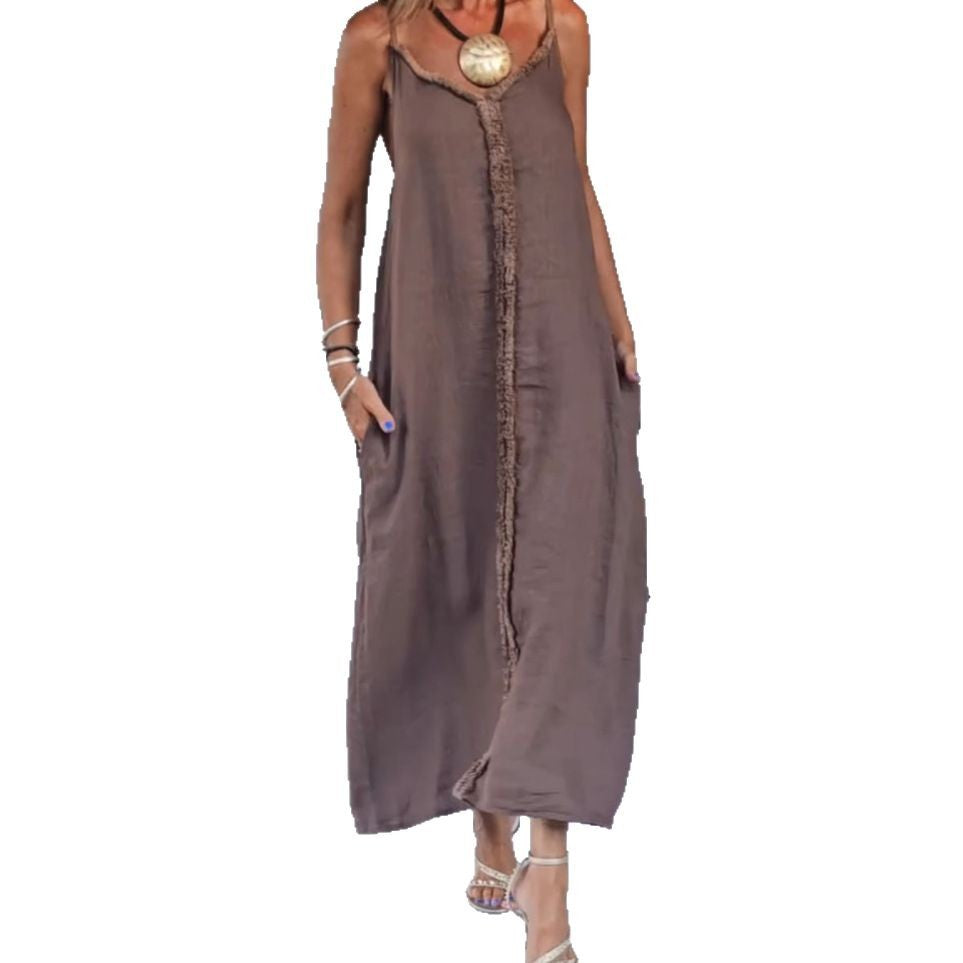 Damen nan luftiges Leinenoptik-Maxi-Trägerkleid mit fransiger Mittelnaht und Eingrifftaschen Drune