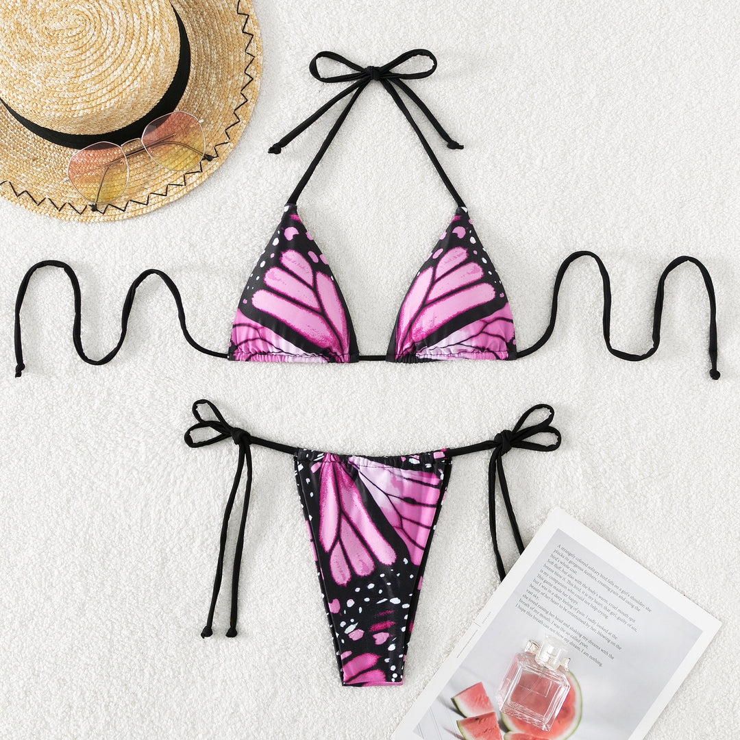 Damen Triangel-Bikini mit buntem Schmetterlingsmuster und verstellbaren Bindebändern Drune