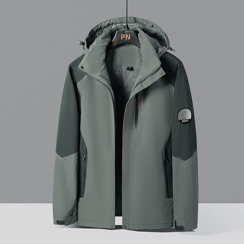 Herren zweifarbige Softshell-Outdoorjacke mit winddichter Membran, verstellbarer Kapuze und verdeckter Brusttasche Drune