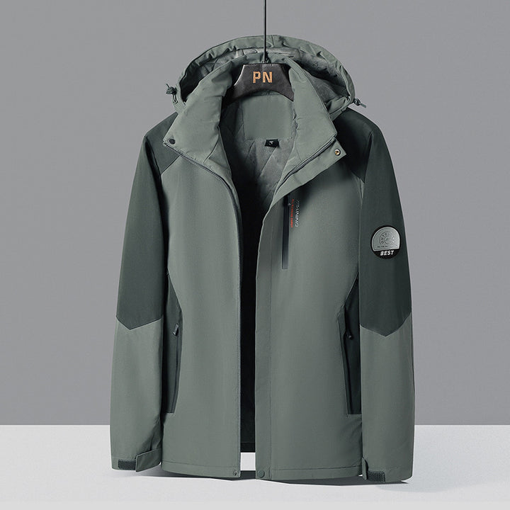Herren zweifarbige Softshell-Outdoorjacke mit winddichter Membran, verstellbarer Kapuze und verdeckter Brusttasche Drune