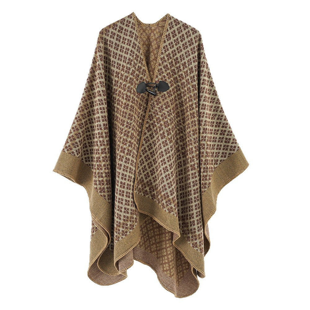 Damen Wollponcho mit geometrischem Karomuster und Knebelverschluss Drune