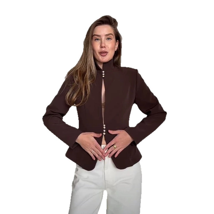 Damen Taillierter Blazer mit Stehkragen und Perlenknopf-Leiste Drune
