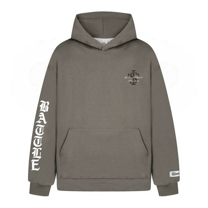 Unisex Oversize-Kapuzenpullover mit Gothic-Ärmelprint und Kängurutasche Drune