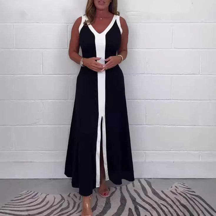 Damen nan tailliertes V-Ausschnitt-Bahnenkleid mit kontrastierender Mittelpasse und mittigem Frontschlitz Drune