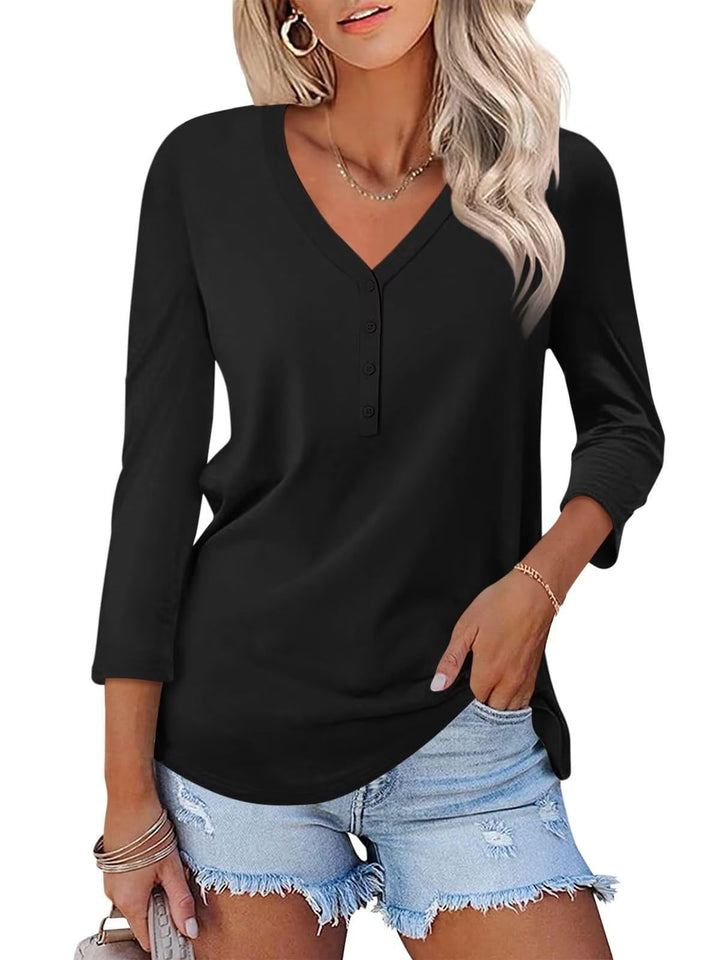 Damen Langarmshirt mit Knopfleiste und V-Ausschnitt Drune