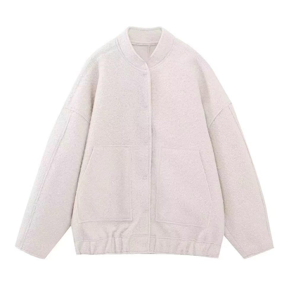 Damen nan kurze Boxy Wollmix‑Jacke mit kurzem Stehkragen, verdeckter Frontleiste und aufgesetzten Taschen Drune