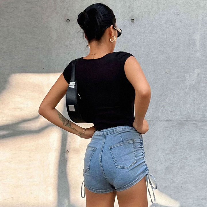 Damen cropped Oberteil mit elastischer Raffung und modischem V-Ausschnitt Drune