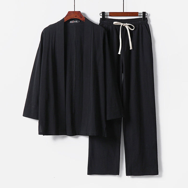 Herren Lockeres Kimono-Loungewear-Set aus leichter Baumwollmischung mit elastischer Kordelhose Drune