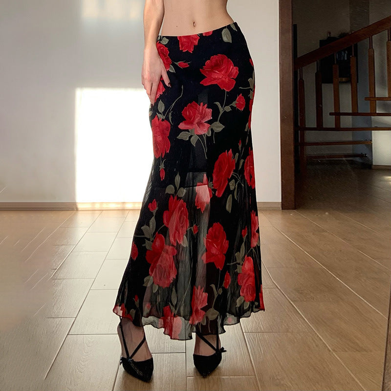 Damen Langes Satin-Chiffon Maxirock mit floralem Aquarellprint Drune