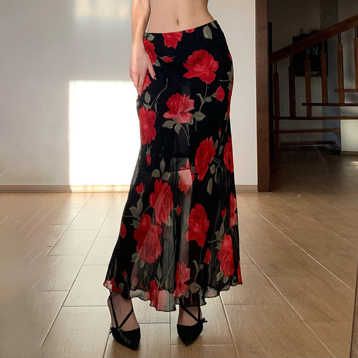 Damen Langes Satin-Chiffon Maxirock mit floralem Aquarellprint Drune
