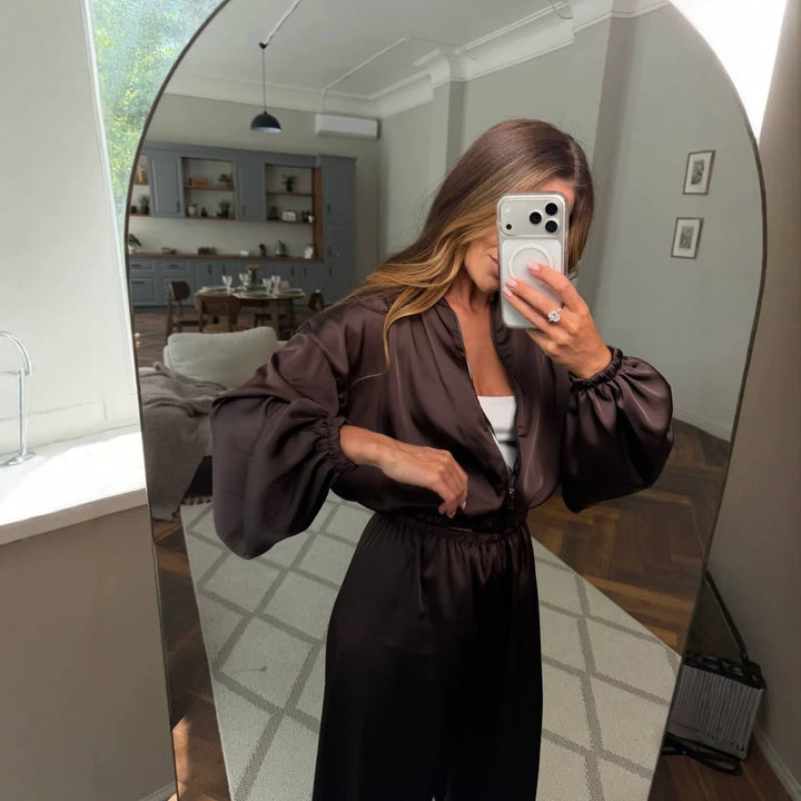 Damen Satin-Loungewear-Set mit kurzer Bomberjacke, Ballonärmeln und weitem Hosenbein Drune