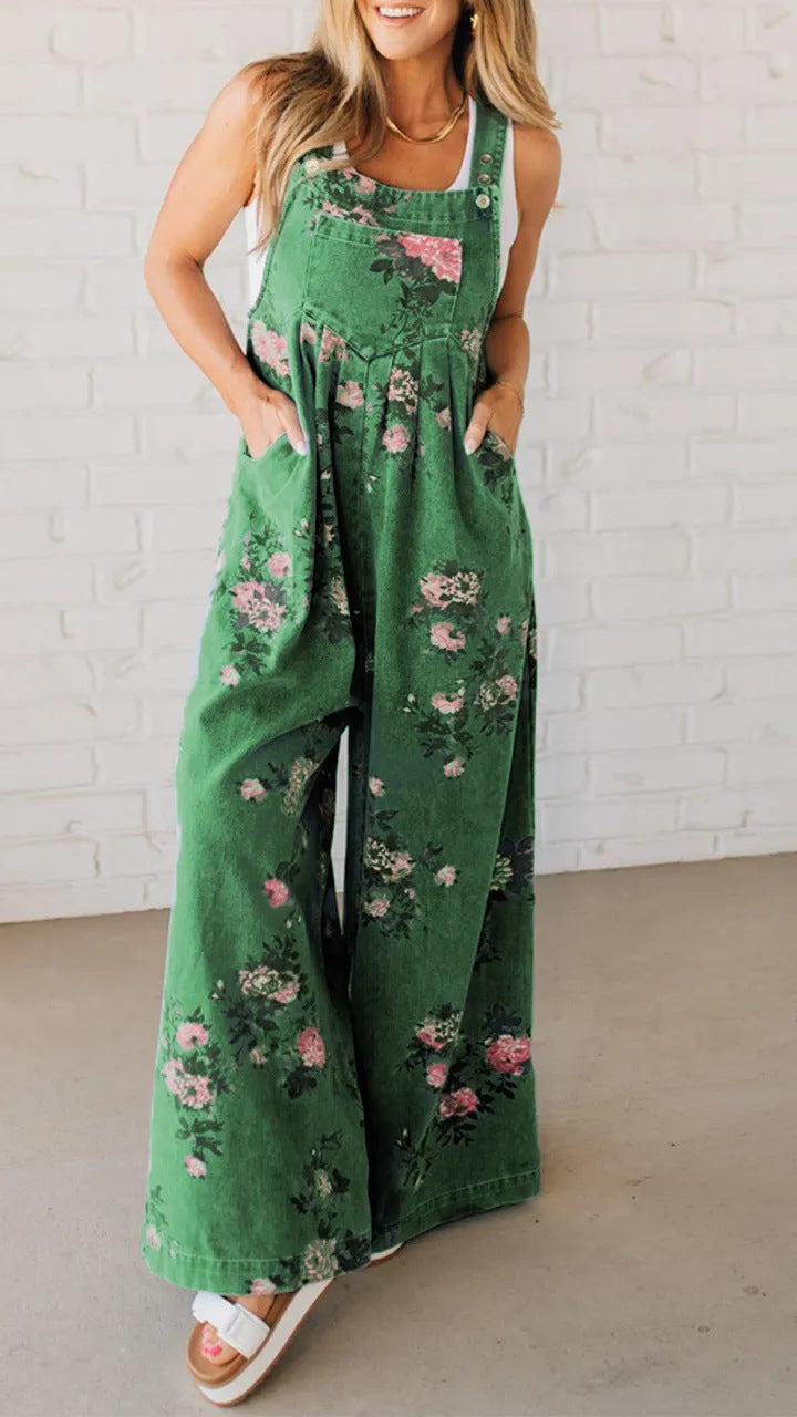 Damen Baumwoll-Overall mit floralem Druck und weiten Beinen Drune