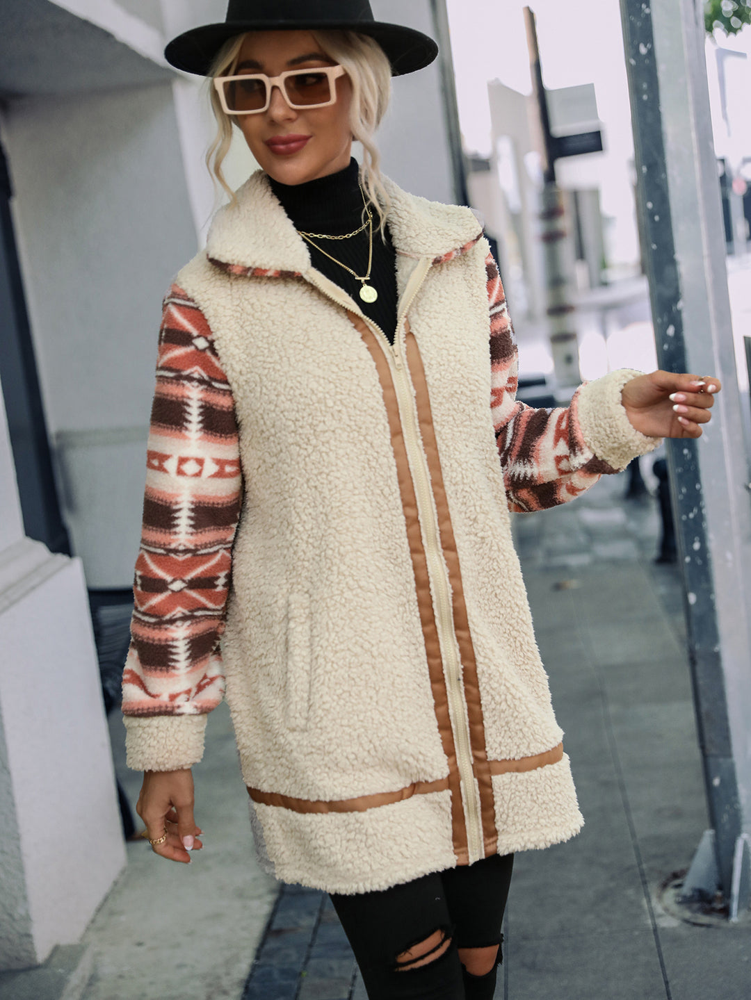 Damen Fleecefutter lange Jacke mit modischem Muster und praktisch integrierten Taschen Drune