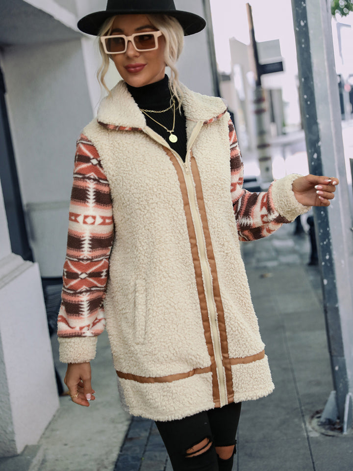 Damen Fleecefutter lange Jacke mit modischem Muster und praktisch integrierten Taschen Drune