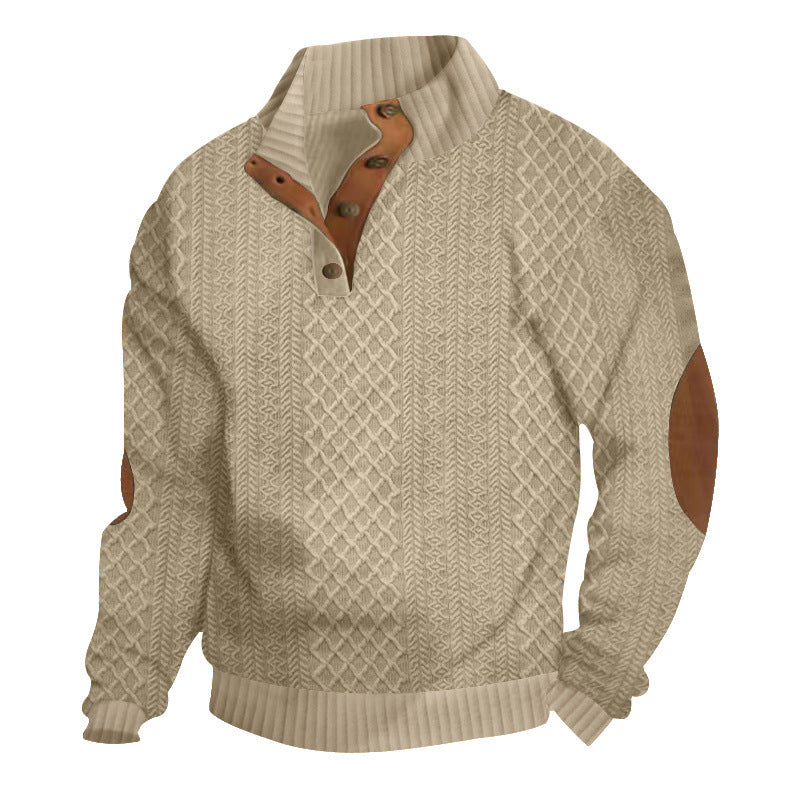 Herren nan gehobener Strickpullover mit Rautenmuster, hohem Rippkragen, knöpfbarer Latzleiste und Lederbesatz an Ellenbogen Drune