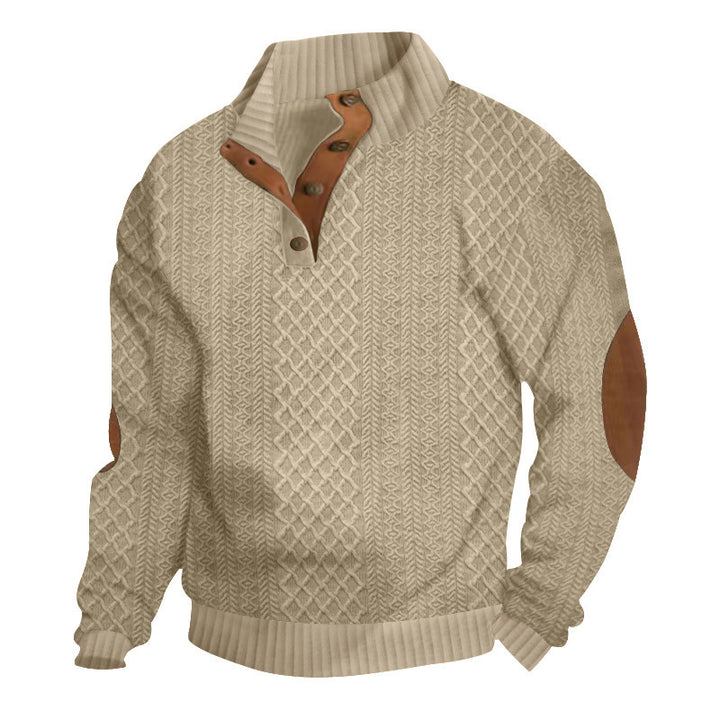 Herren nan gehobener Strickpullover mit Rautenmuster, hohem Rippkragen, knöpfbarer Latzleiste und Lederbesatz an Ellenbogen Drune