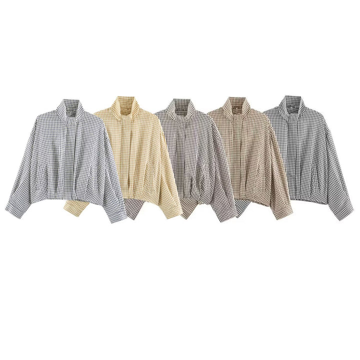 Damen Karo-Übergangsjacke im Oversize-Cropped-Schnitt mit hohem Stehkragen Drune