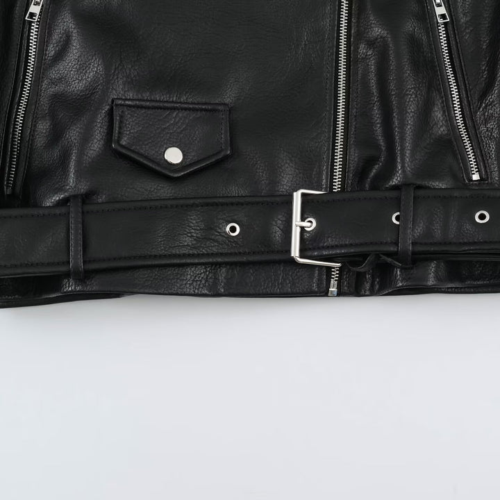 Herren Biker-Lederjacke mit hohem Stehkragen, Schulterklappen und Taillengürtel Drune