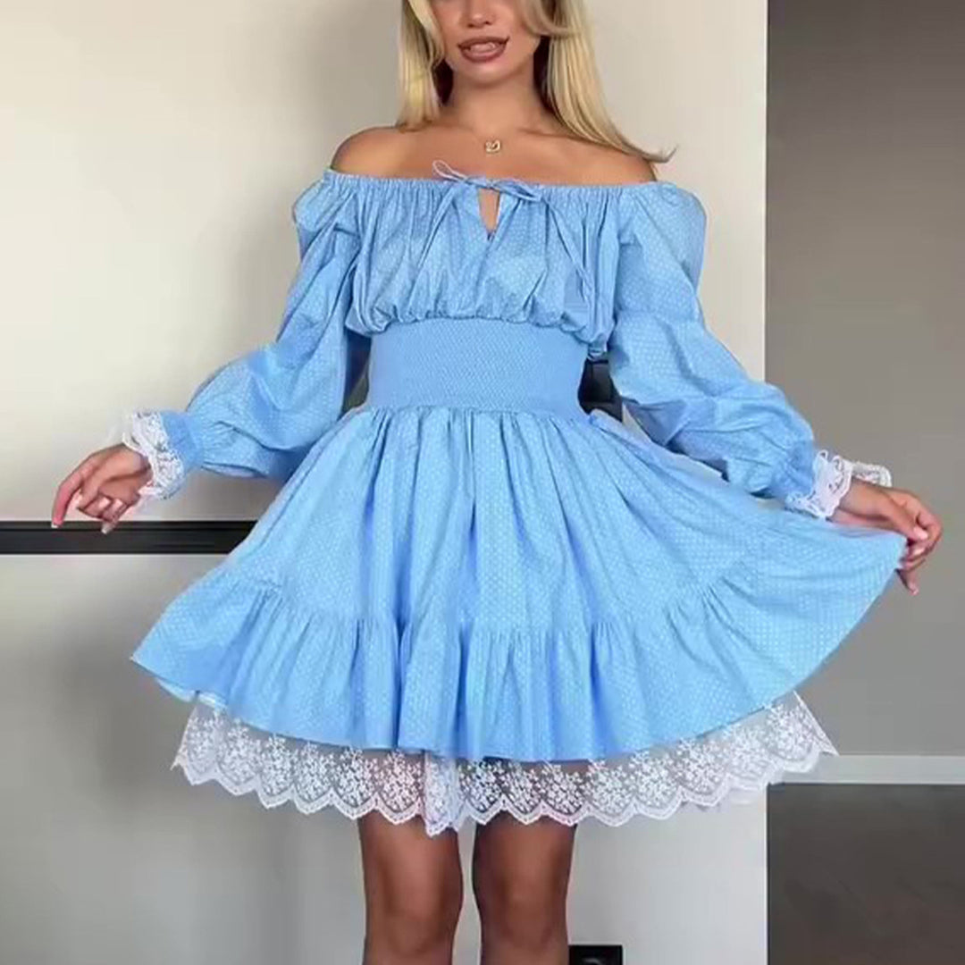 Damen Off-Shoulder Kleid mit voluminösen Rüschendetails und Spitzenbesatz Drune