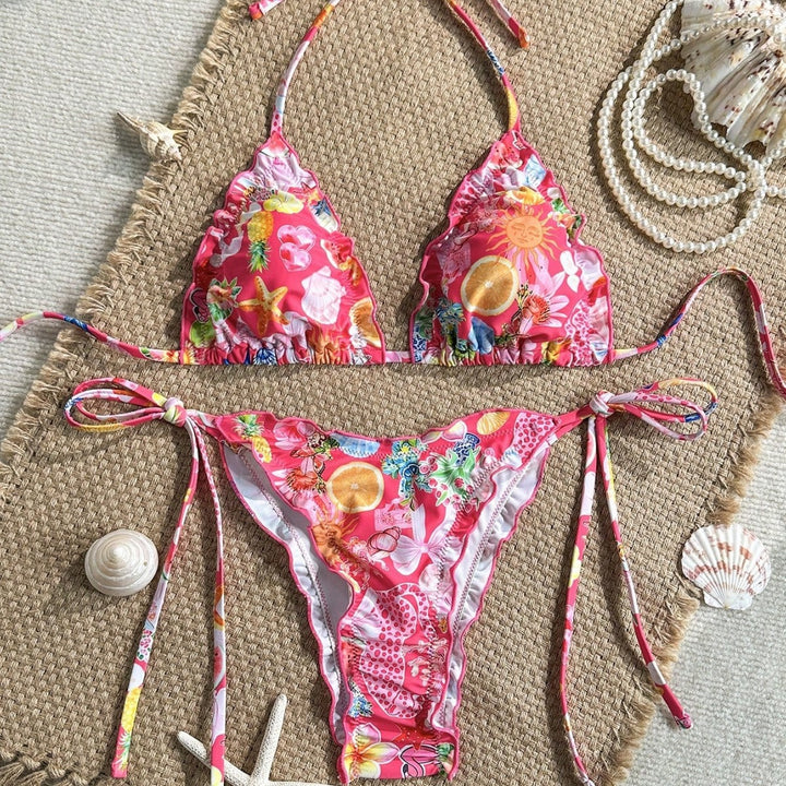 Damen Triangel-Bikini mit Rüschendetails und lebhaftem Blumendruck Drune