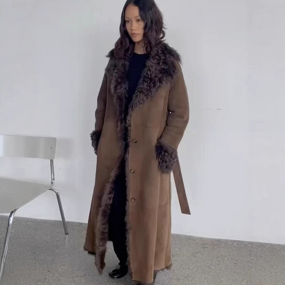 Damen Maxilanger Kunstvelours-Mantel im Shearling-Stil mit Schalkragen und Knopfleiste Drune