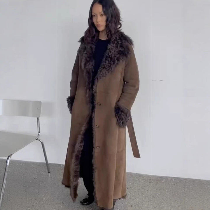 Damen Maxilanger Kunstvelours-Mantel im Shearling-Stil mit Schalkragen und Knopfleiste Drune