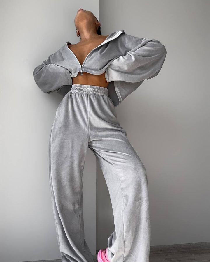 Damen Cropped Samt-Zip-Hoodie mit ausgestellten Ärmeln und fließender High-Waist Loungehose Drune