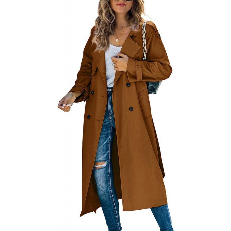 Damen eleganter Trenchcoat mit doppelt Reihe Knopfverschluss und Taillengürtel Drune