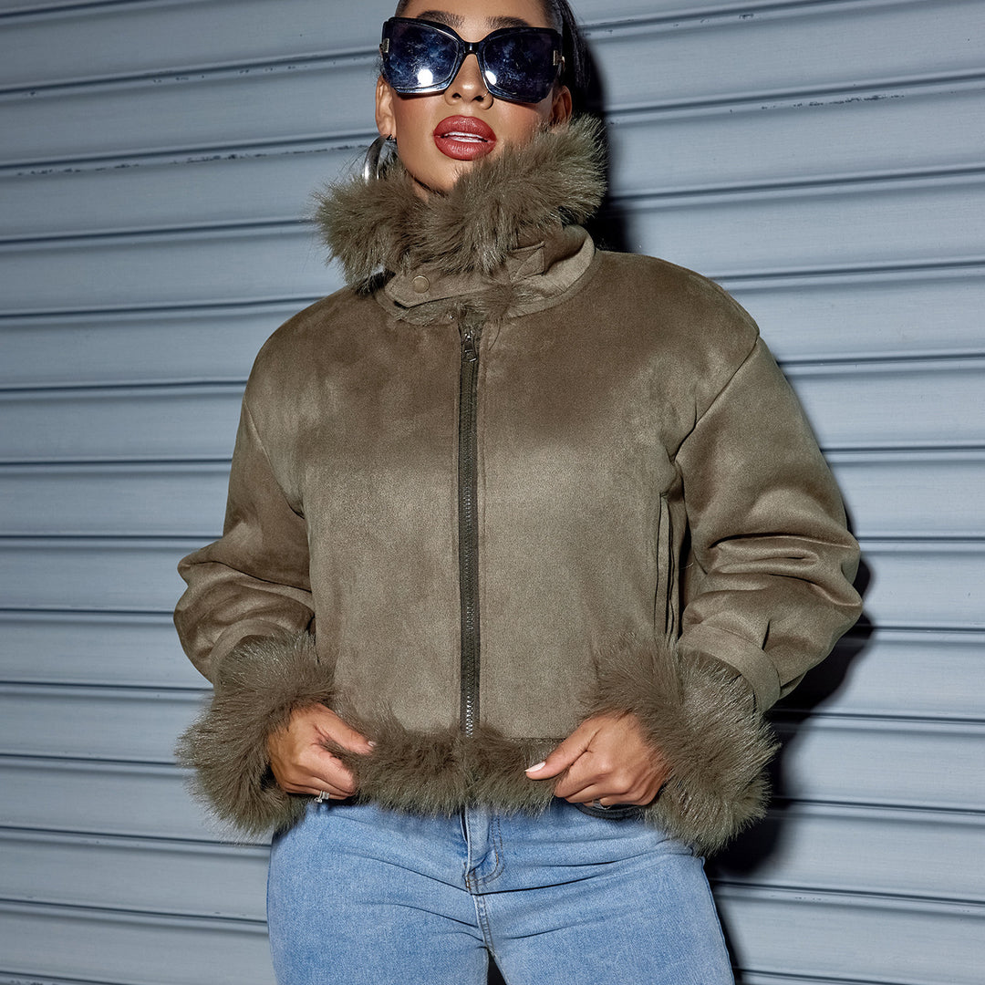 Damen Kurzjacke aus Wildlederoptik mit Fellbesatz, Kapuze & Reißverschluss Drune