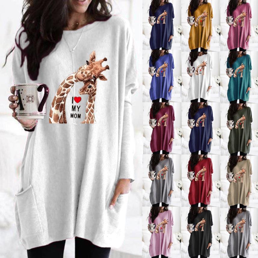 Frauen Übergroße Sweatkleid mit Giraffenmuster, Rundhalsausschnitt und Seitentaschen Drune