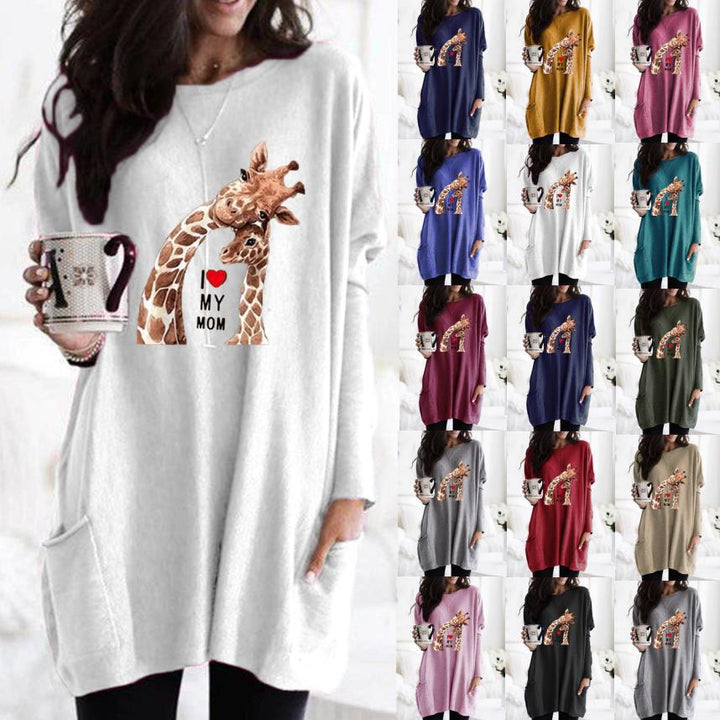 Frauen Übergroße Sweatkleid mit Giraffenmuster, Rundhalsausschnitt und Seitentaschen Drune