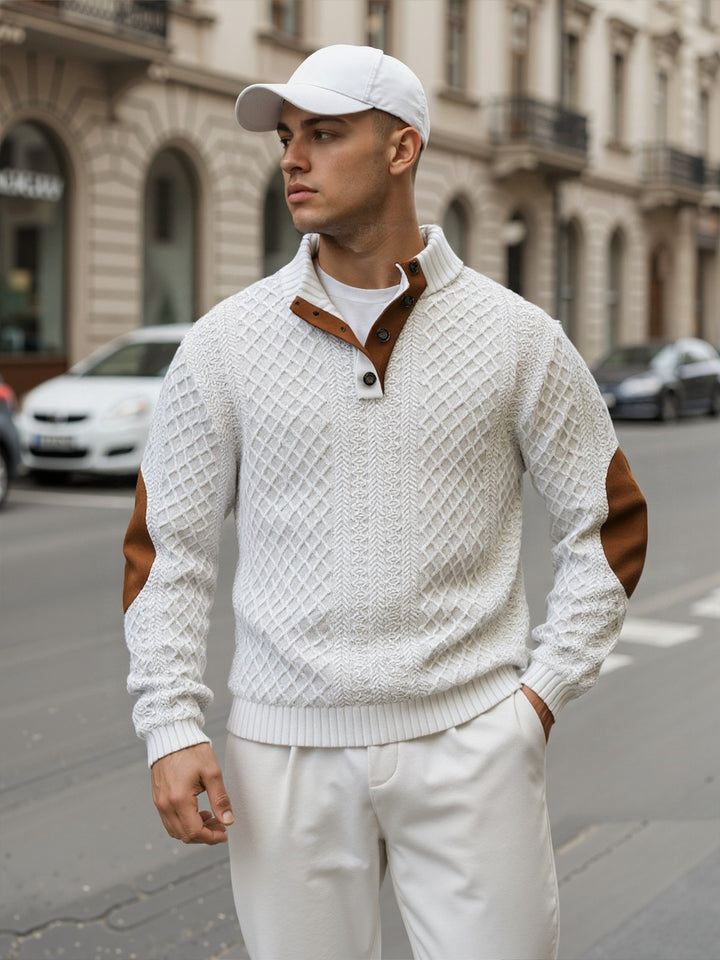 Herren Troyer-Pullover mit Stehkragen, strukturierter Strickoptik und Kontrast-Ellbogenpatches Drune