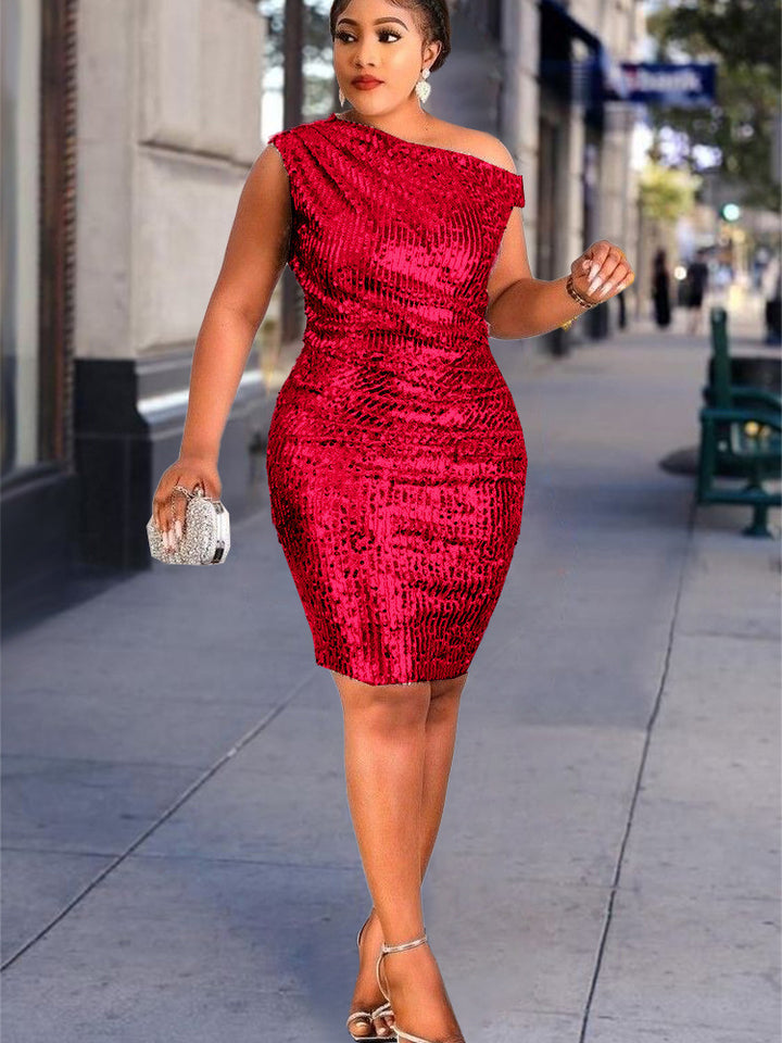 Damen figurbetontes Cocktailkleid mit asymmetrischem Schnitt und glitzerndem Stoff Drune