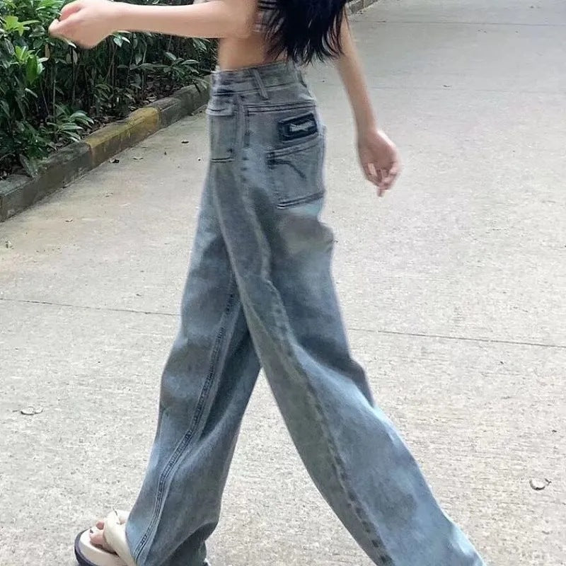 Damen Weit geschnittene Denim-Hose mit hohen Taschen und vintage Waschung Drune