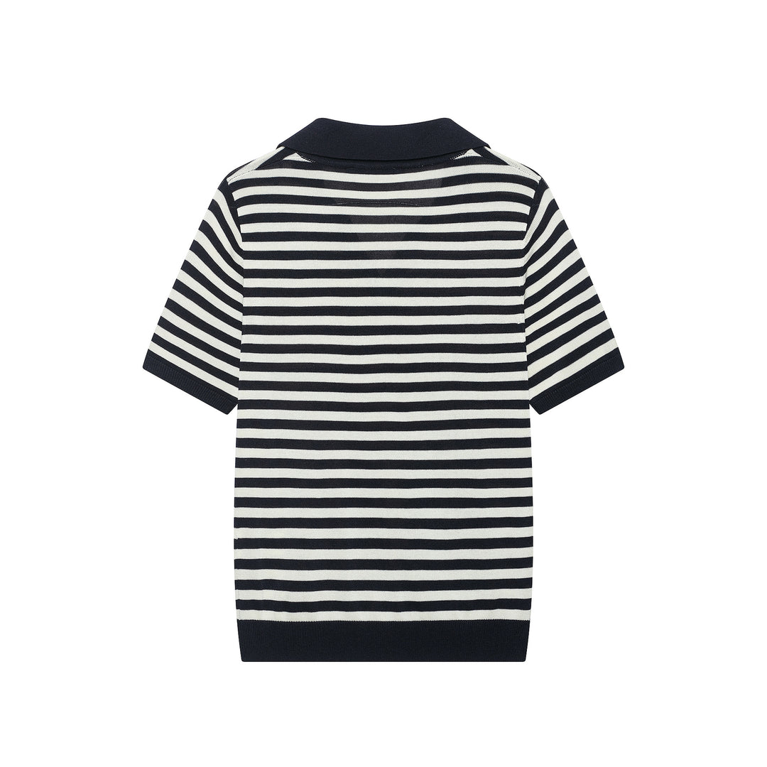 Damen Gestreiftes Poloshirt-Strick mit V‑Ausschnitt, Kurzarm und Rippkragen Drune