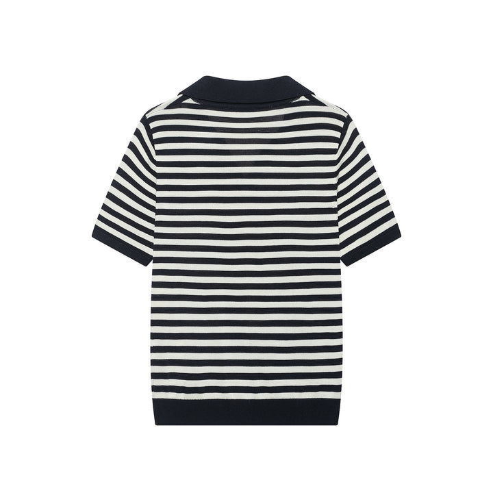 Damen Gestreiftes Poloshirt-Strick mit V‑Ausschnitt, Kurzarm und Rippkragen Drune